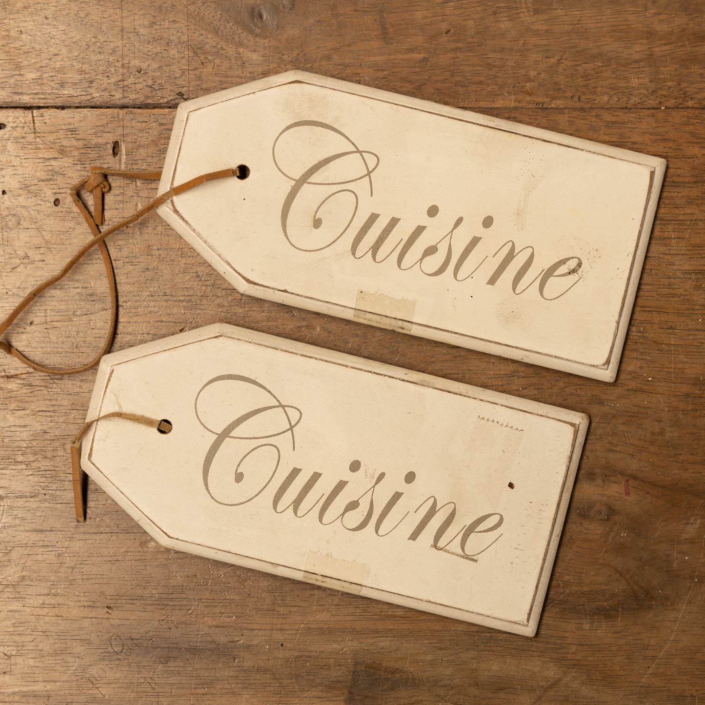 Pair of timber 'Cuisine' tags with leather ties from Provence