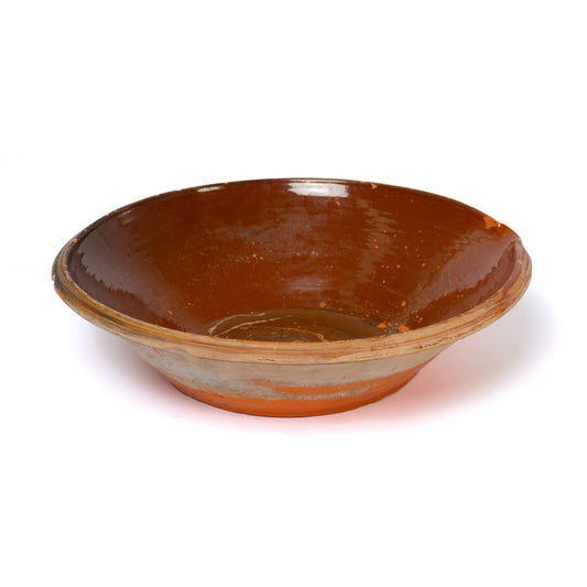 Large Vintage French Terracotta Bowl, partially glazed and with paint patina