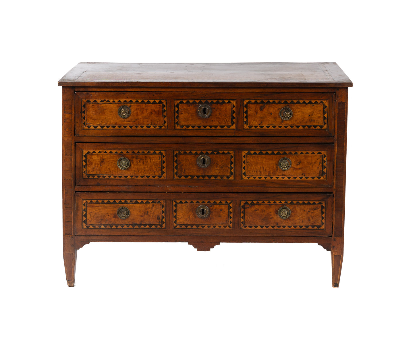 A collectible, high-end 18th Century 3-drawers commode with beautiful fruitwood and dark ebony inlaid triangle details, original brass drawer hardware and simple tapered legs