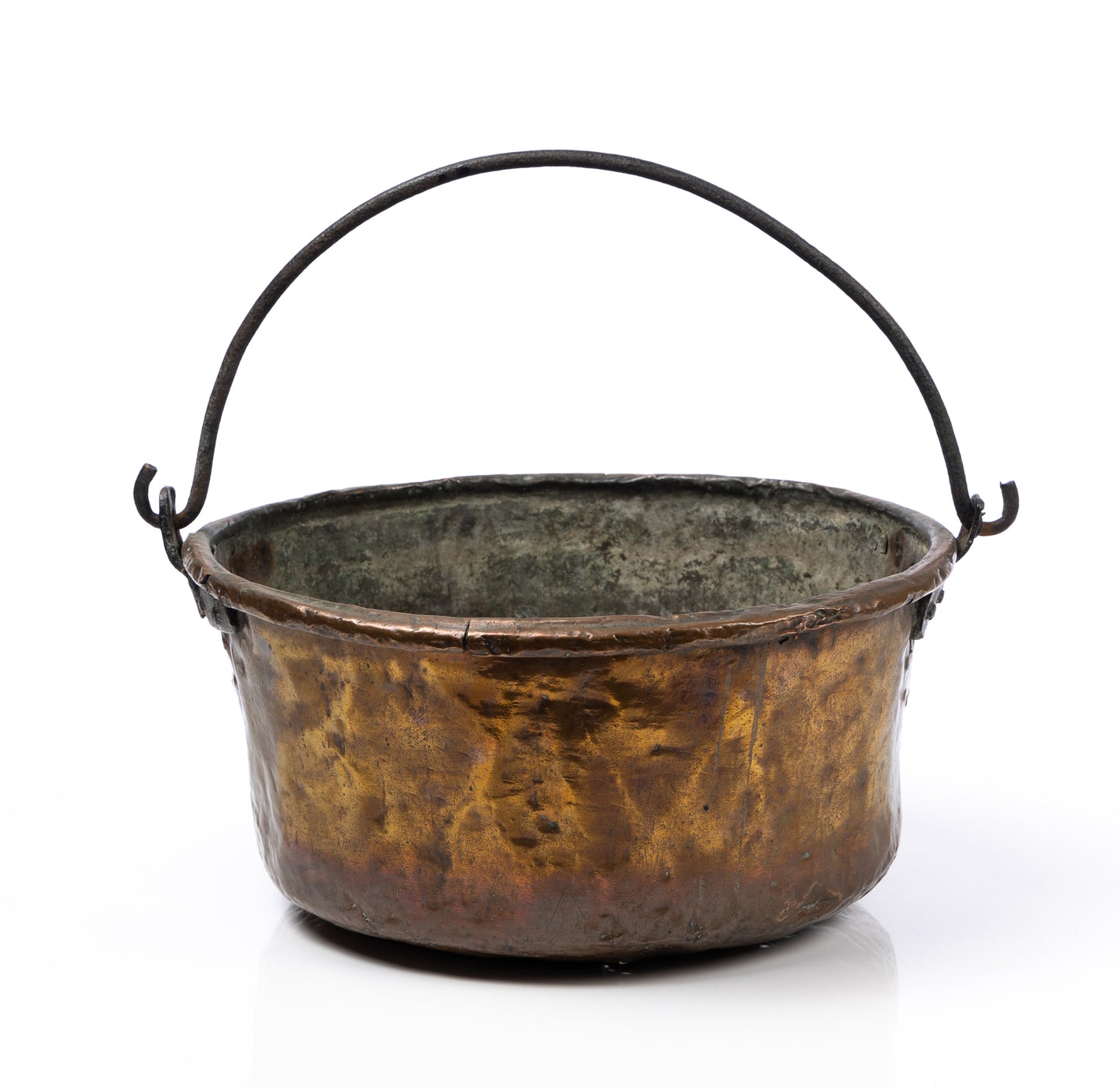 A lovely antique French copper cauldron with swing handle and beautiful patina from the French Alps. Makes for an amazing Champagne party bucket.