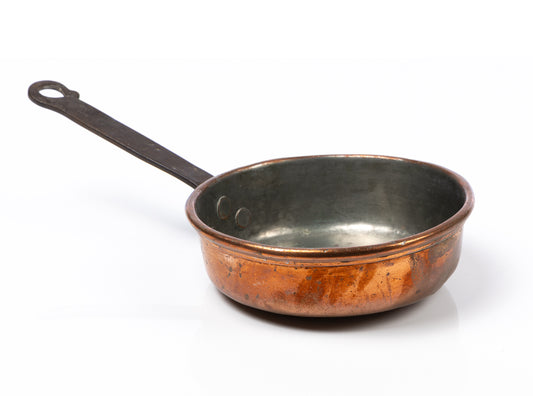 Vintage French heavy copper saucepan with handle and a lovely aged patina from the French Alps. Looks lovely hanging in the kitchen.