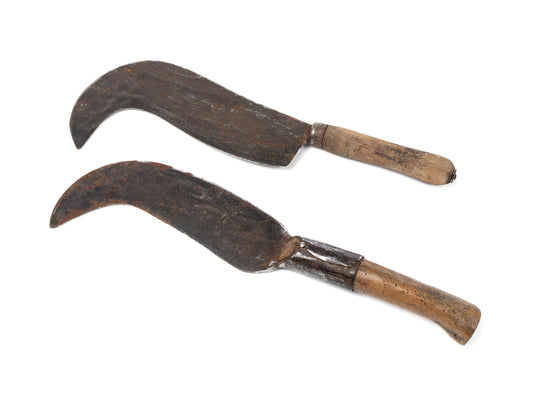 An impressive pair of very old 'Chasseurs' butchery knives with lovely timber handles from the French Alps