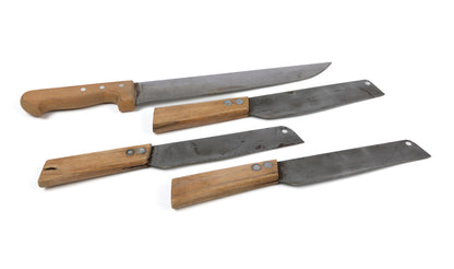 An beautiful set of 4 vintage French butchery knives with timber handles from the French Alps