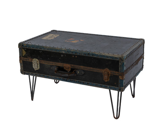 A charming Vintage Cabin Trunk cleverly converted into a trendy coffee table with hairpin legs. Stunning interior with drawers and shelving compartments with Fremantle to Sydney and cabin stickers attached.