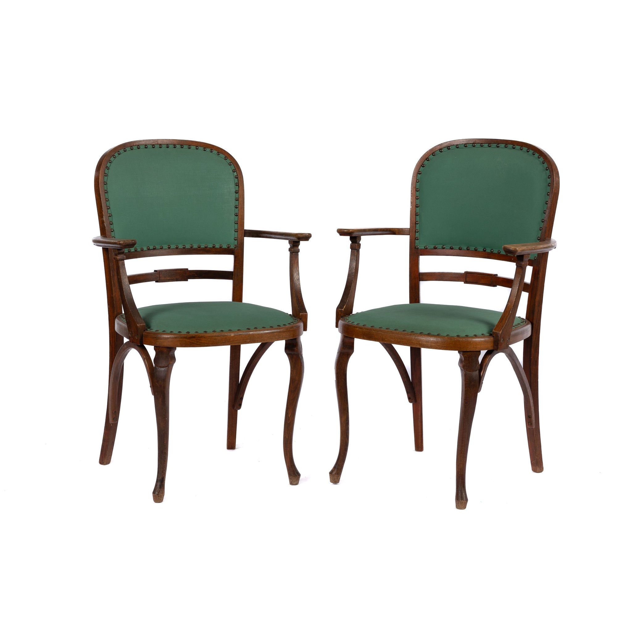 Pair of rare Vintage French oak armchairs with green fabric and studwork. Discovered in The French Alps