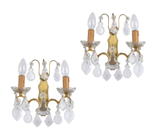 A lovely dainty pair of antique French brass wall sconces clear crystal jewels from Provence