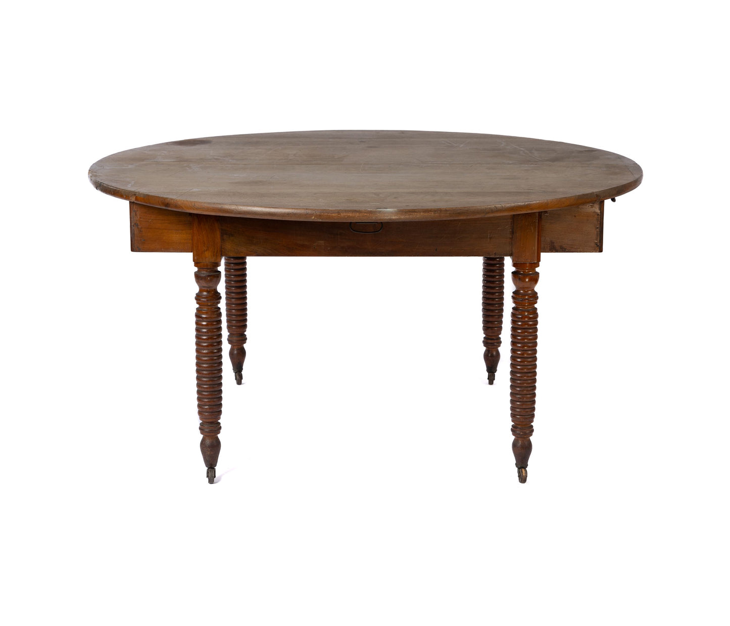 19th century antique French walnut table with round top with fold down sides and turned legs.