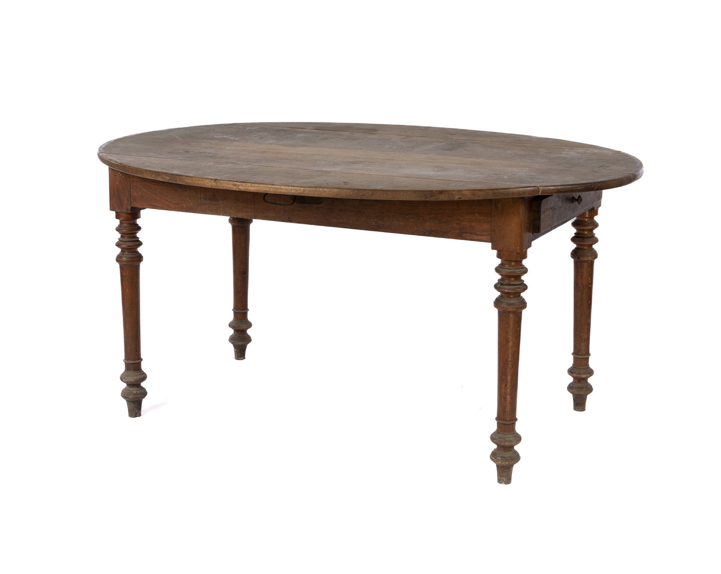 19th Century Antique French round oak table with fold down sides and tuned legs from a farmhouse in Provence.