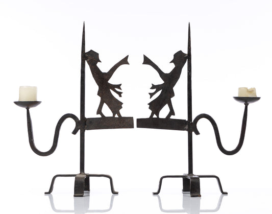 A charming pair of Vintage French wrought iron Candlestick holders with figurines discovered in the French Alps.