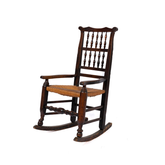 Charming 19th century Antique French timber rocking chair with rush seat from The Haute Savoie.