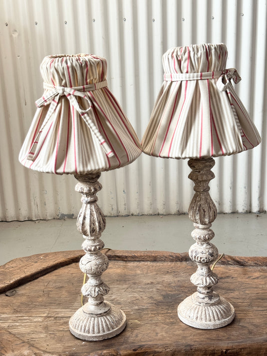 A pair of lovely aged lamps from Provence with charming upholstered shades and an aged cream/gray painted patina