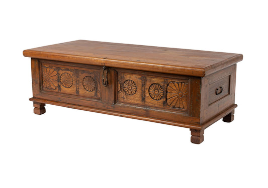 Impressive 19th century Antique French ‘coffee’ coffee table. Operable lid and beautiful hand carvings, this beauty was disovered in a hotel in The French Alps