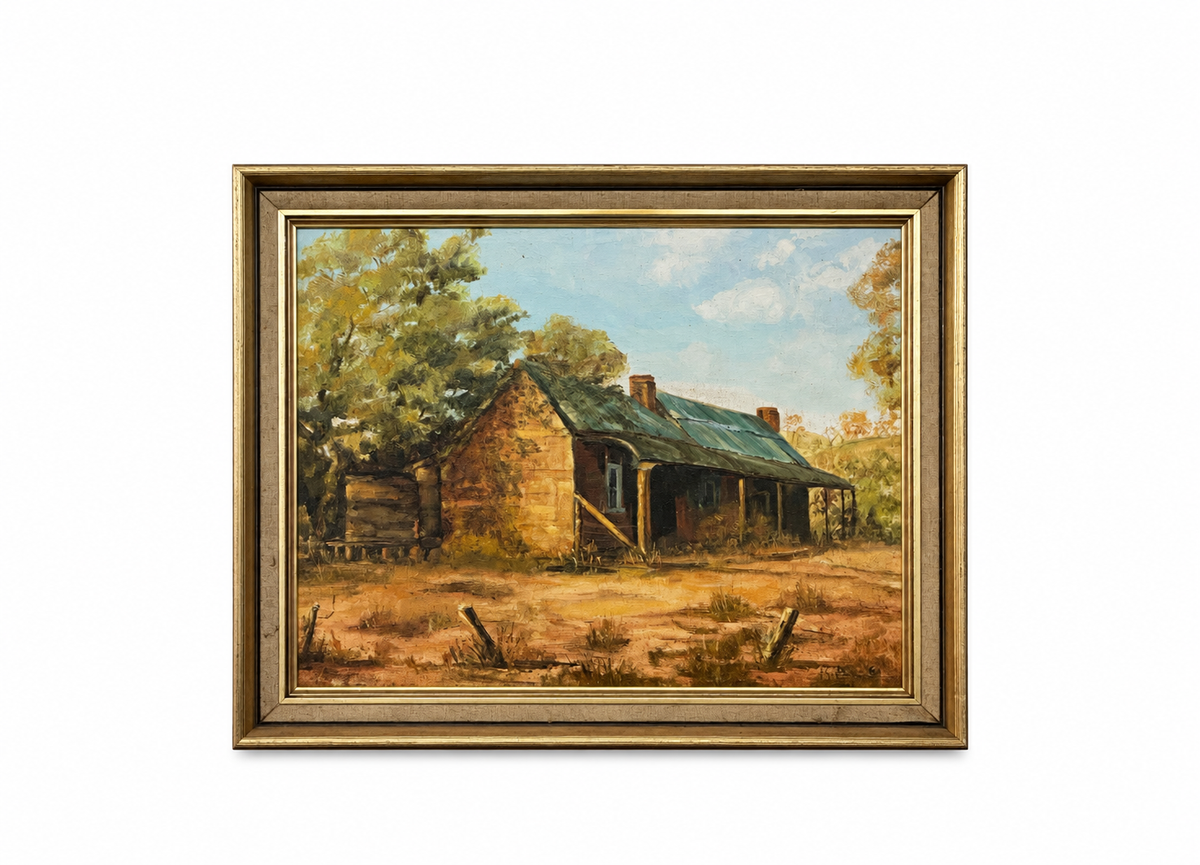 Beautiful vintage landscape oil painting of a rustic country cottage
