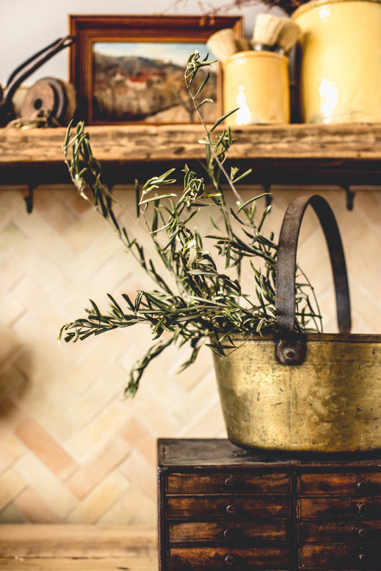 Lovely antique French solid brass basin with iron handle, from the French Alps