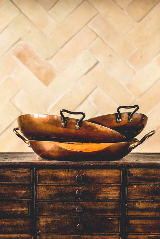 Lot of 3 fabulous copper serving dishes. We love how beautiful these look on the table to serve fresh Oysters on a bed of ice.