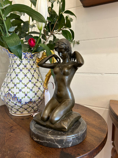 Antique French Solid Bronze Sculpture of Kneeling Lady, Signed by Artist