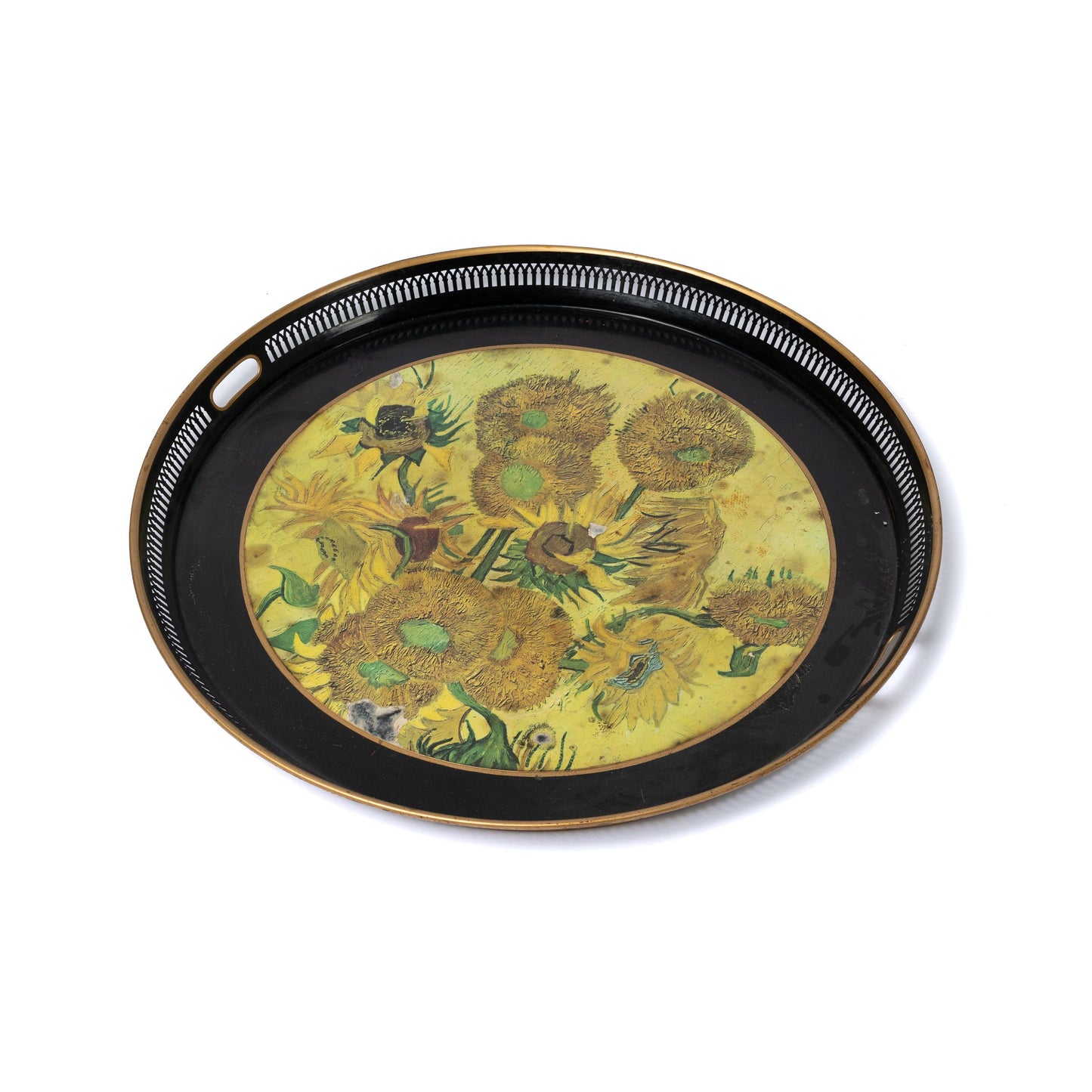 Vintage French Large Round Tray with metal trim and sunflower artwork