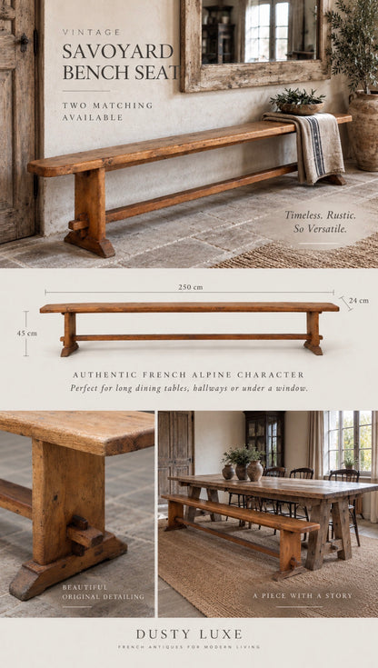 Two Available: Beautiful solid Trestle bench seat with stretcher bar from the Haute Savoie