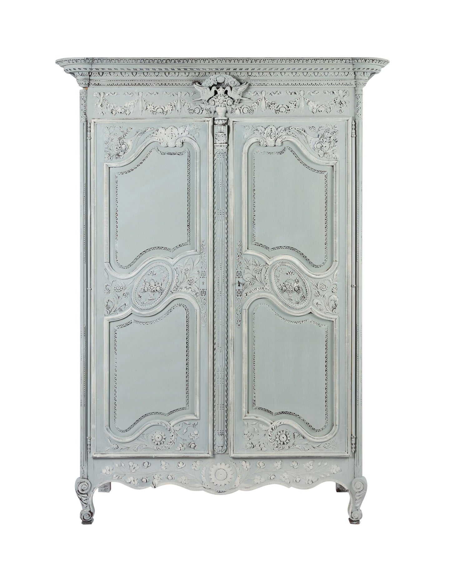 Impressive 19th century antique French marriage armoire with beautiful carvings, internal hanging rail and stunning painted patina