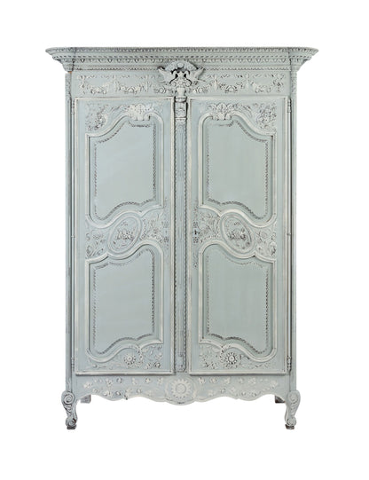 Impressive 19th century antique French marriage armoire with beautiful carvings, internal hanging rail and stunning painted patina