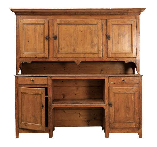 Beautiful antique French farm house kitchen buffet and hutch with ample storage and original hardware from a property near Chamonix