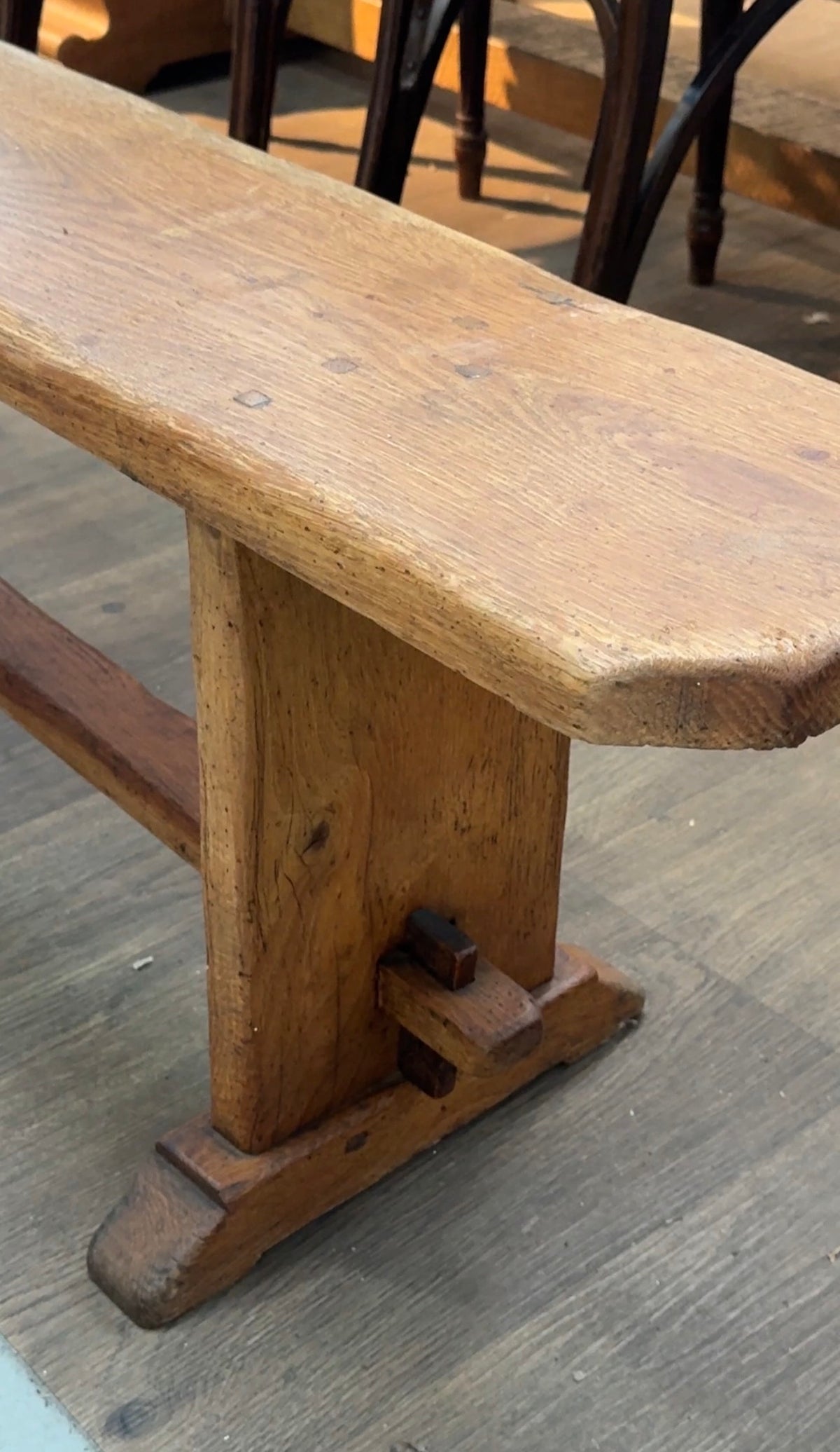 Two Available: Beautiful solid Trestle bench seat with stretcher bar from the Haute Savoie