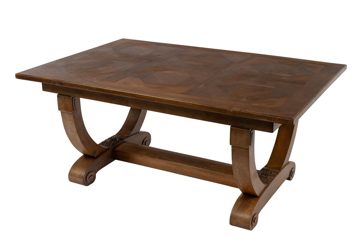 Impressive Antique French Walnut dining table with parquetry top and unique fruit carvings from Provence