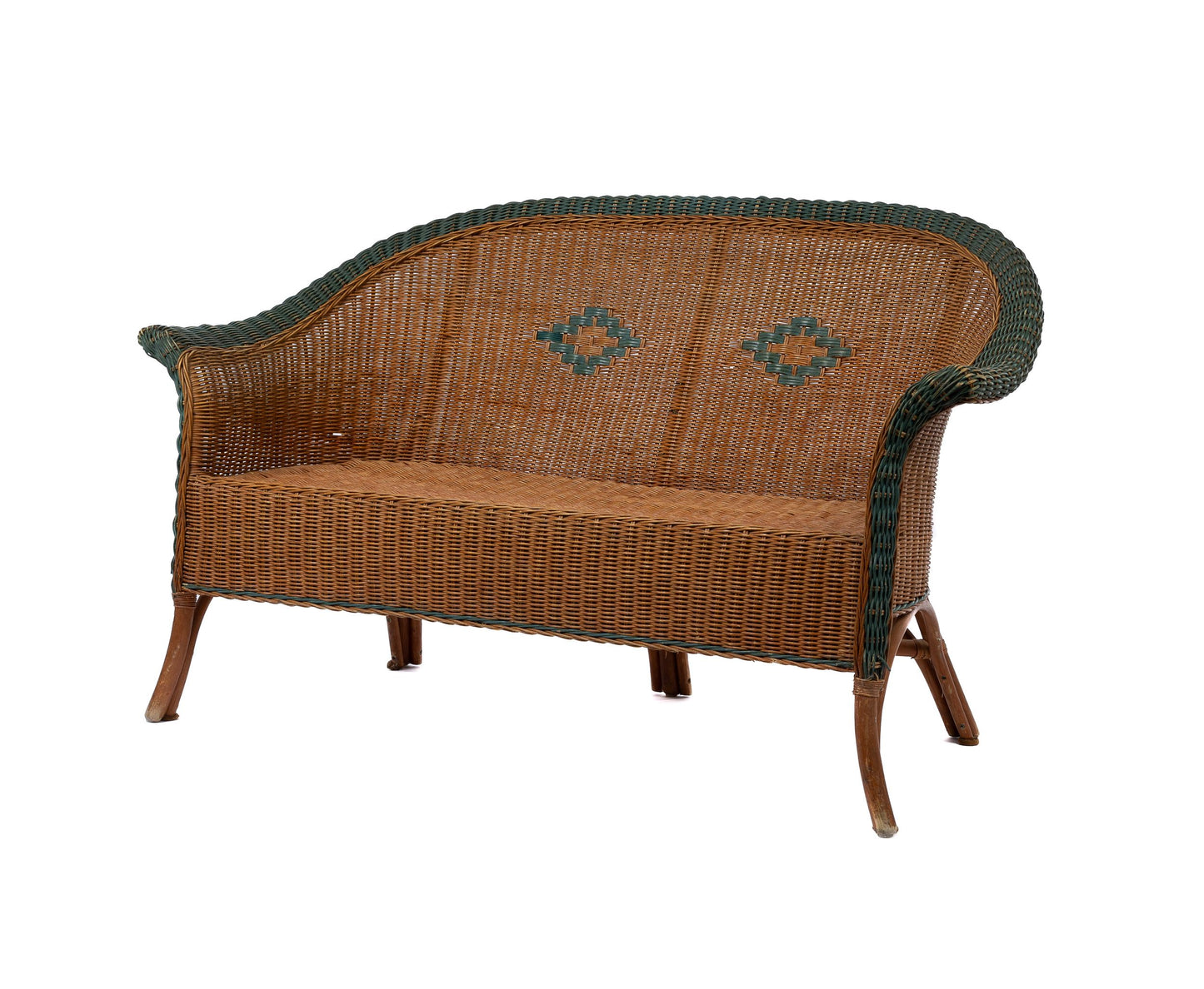 Vintage French cane sofa with green woven detailing from Provence