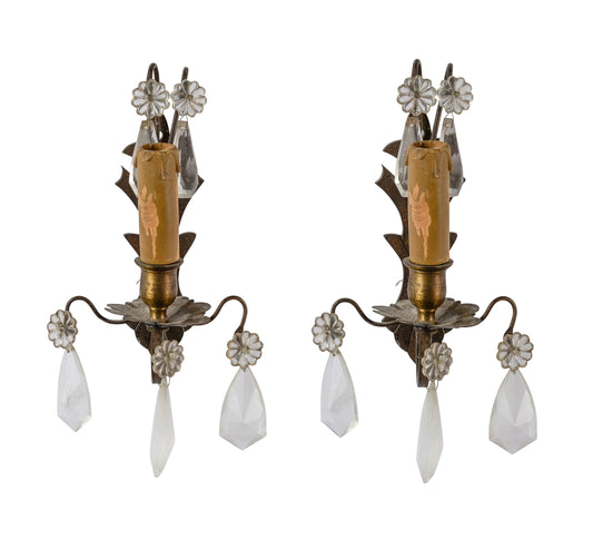 Two delicate vintage French brass an crystal wall sconces from The French Alps