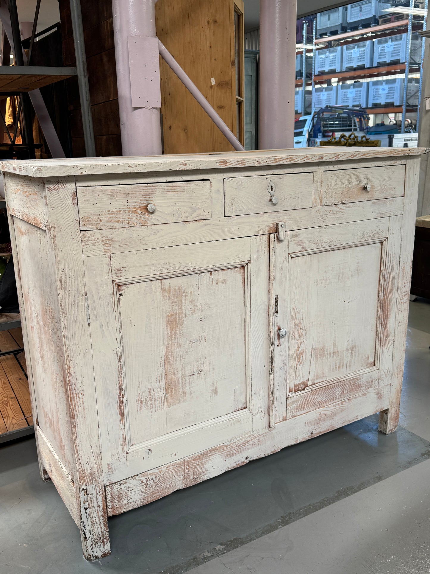 Vintage French White-washed Pine Sideboard from Annecy