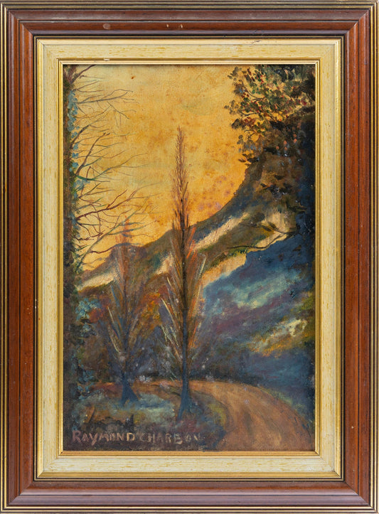 Vintage French artwork signed by Raymond Charbon. Sourced from Annecy and features a French Alpine forest scene