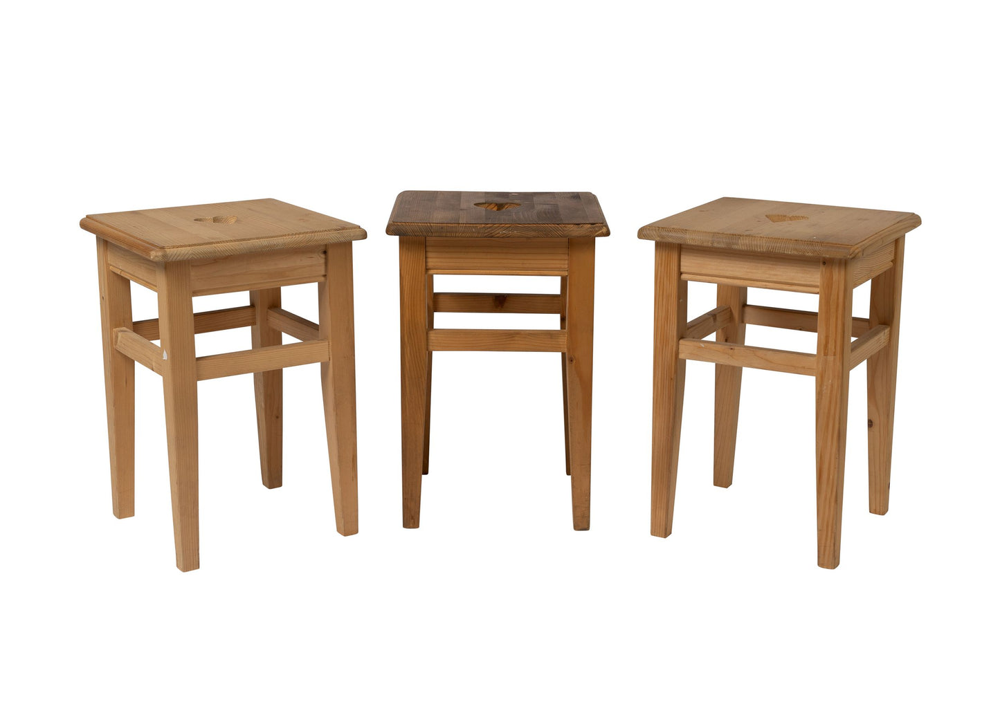 Set of 3 Vintage French Pine Stools with Heart Cut-Outs from the French Alps