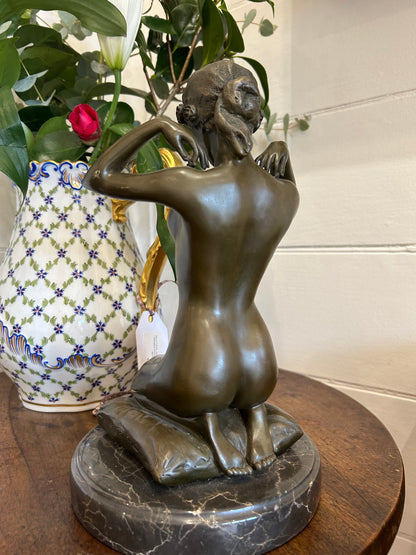 Antique French Solid Bronze Sculpture of Kneeling Lady, Signed by Artist