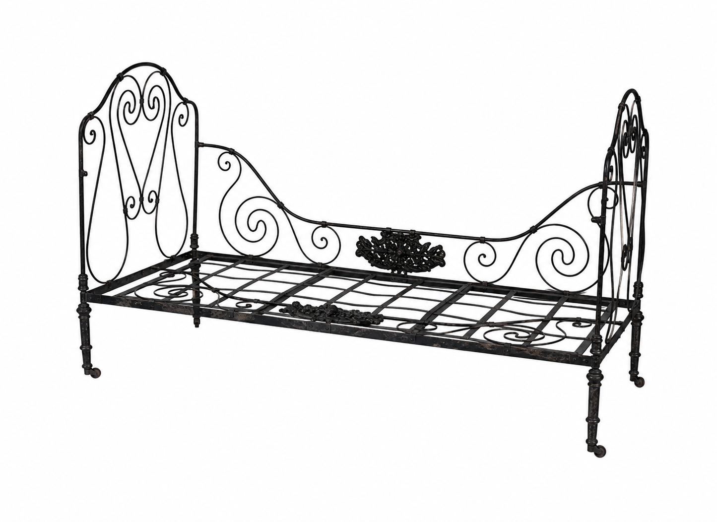 Beautiful and large dark metal daybed on small castors with lovely hand forged iron motifs from an estate near Annecy
