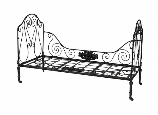 Beautiful and large dark metal daybed on small castors with lovely hand forged iron motifs from an estate near Annecy