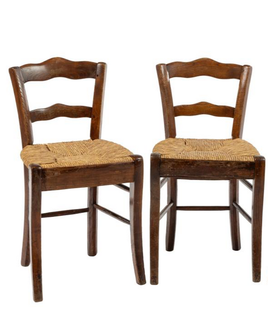 Set of 2 Antique French timber chairs with rush seats from the Haute-Savoie region