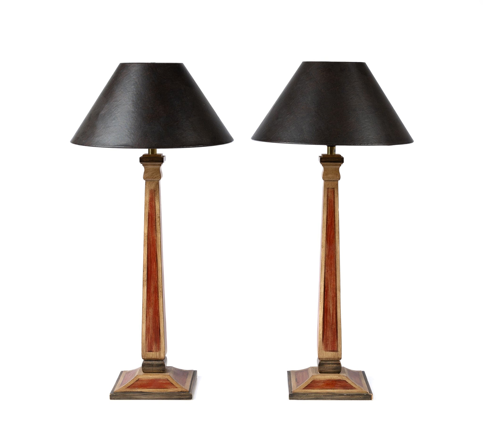 Pair of high bedside table lamps (brown/red stand) black lampshade