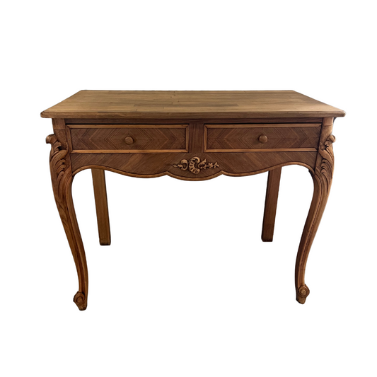 Beautiful Vintage French vanity with cabriole legs, floral carvings and a lovely parquetry top.