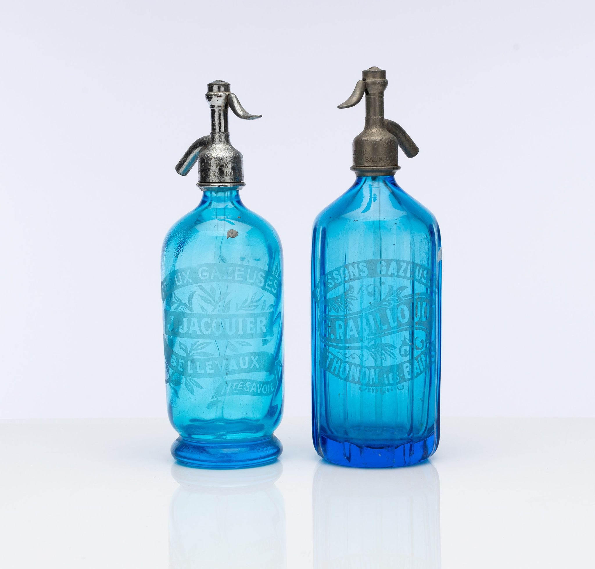 Pair of antique French etched blue glass Syphon bottles