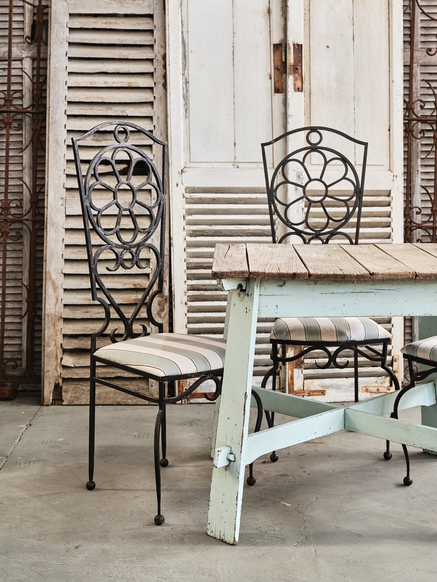 Set of 6 heavy, high quality and collectible mid-century wrought iron chairs - likely from the 1950's-1960's excluding a blend of Art Nouveau and Mediterranean revival style and found in Provence
