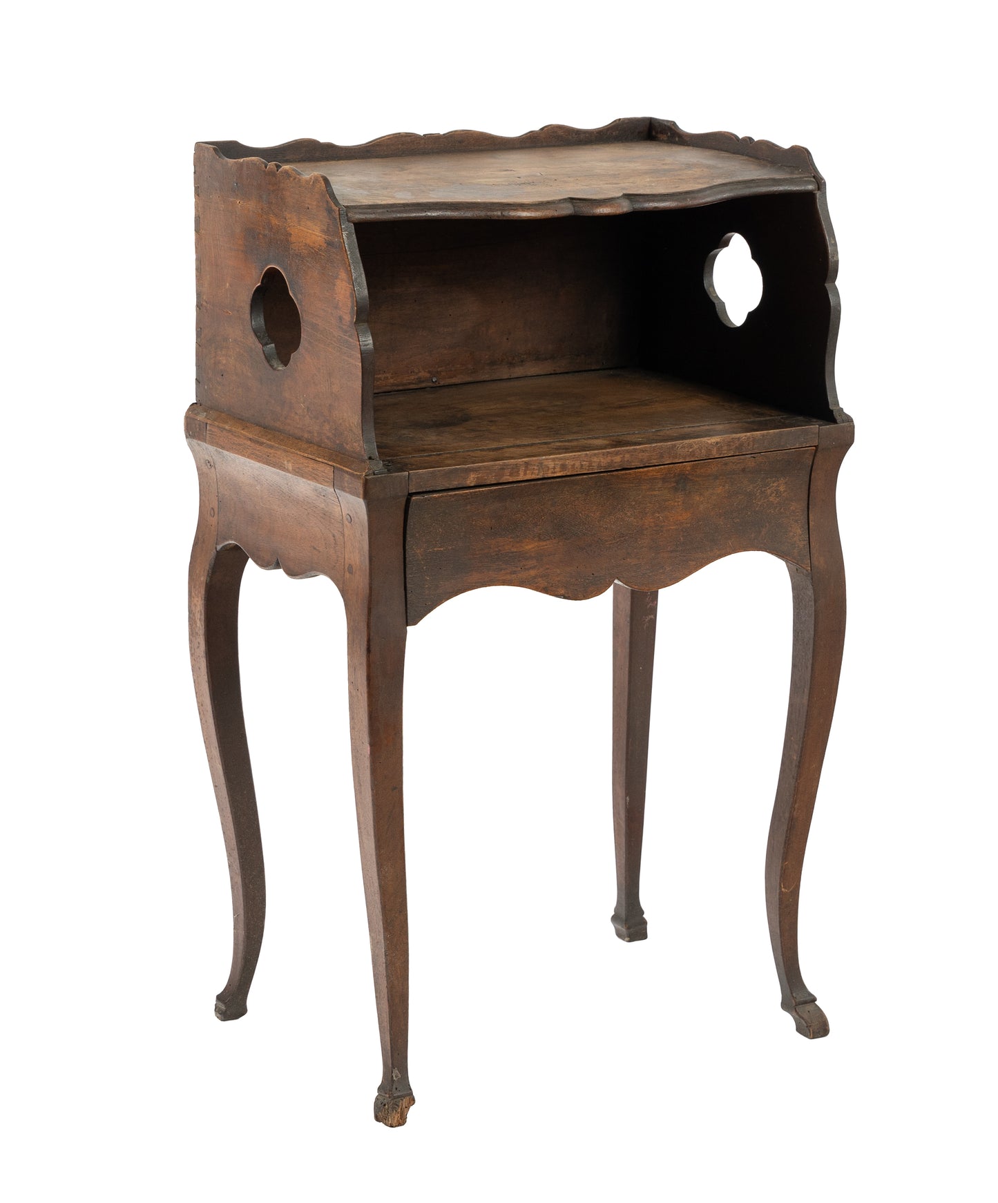 19th Century Antique French Bedside Table with Clover Cutouts and drawer from the French Alps with you