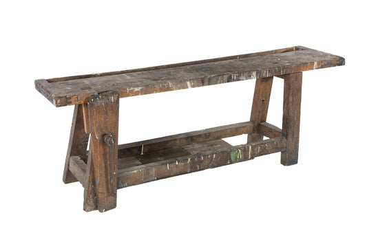 Antique French rustic Etabli work bench from a farmhouse in Chamonix with aged paint splatters and a charming aged patina