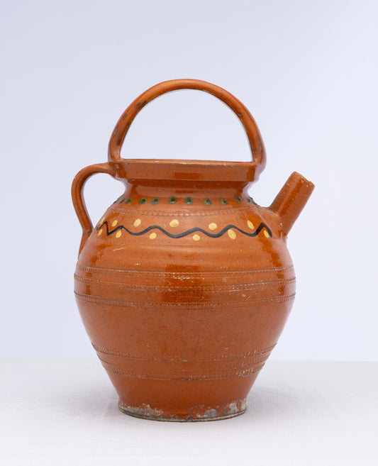Antique French savoyard pot with spout and hand painted designs, from the French Alps