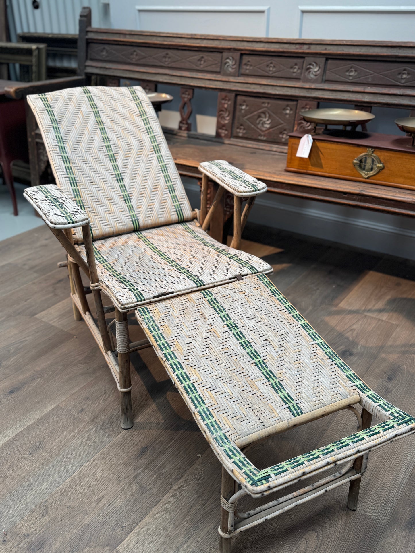 Vintage French Rattan Reclining Chair with footrest