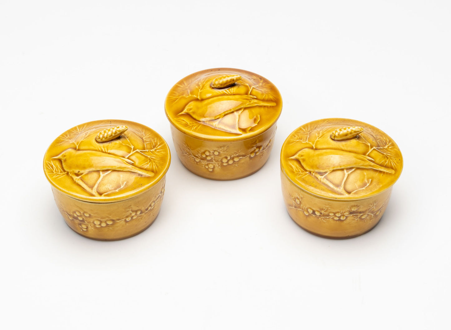 Set of three mustard glazed pate pots from the French Alps