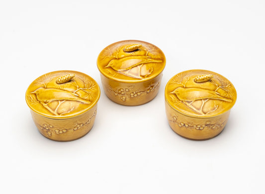 Set of three mustard glazed pate pots from the French Alps