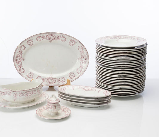 Beautiful pink and white antique French dinner service from Provence