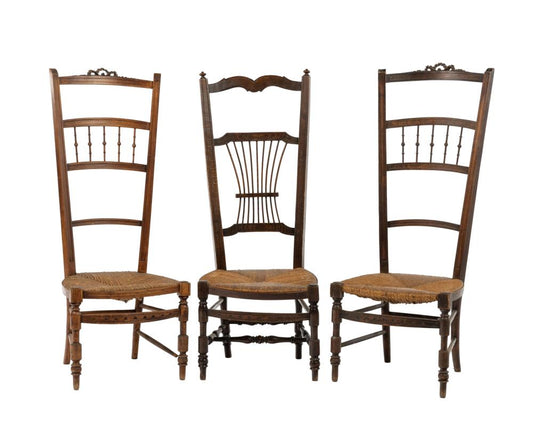 Lot of 3 Charming French Nursery Chairs from The French Alps , Approx 109cm H x 43cm W x 39cm D - seat H 32cm