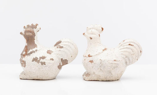 Charming Pair of vintage French Ceramic 'Poules' – Handcrafted Chicken Figurines with fabulous aged patina