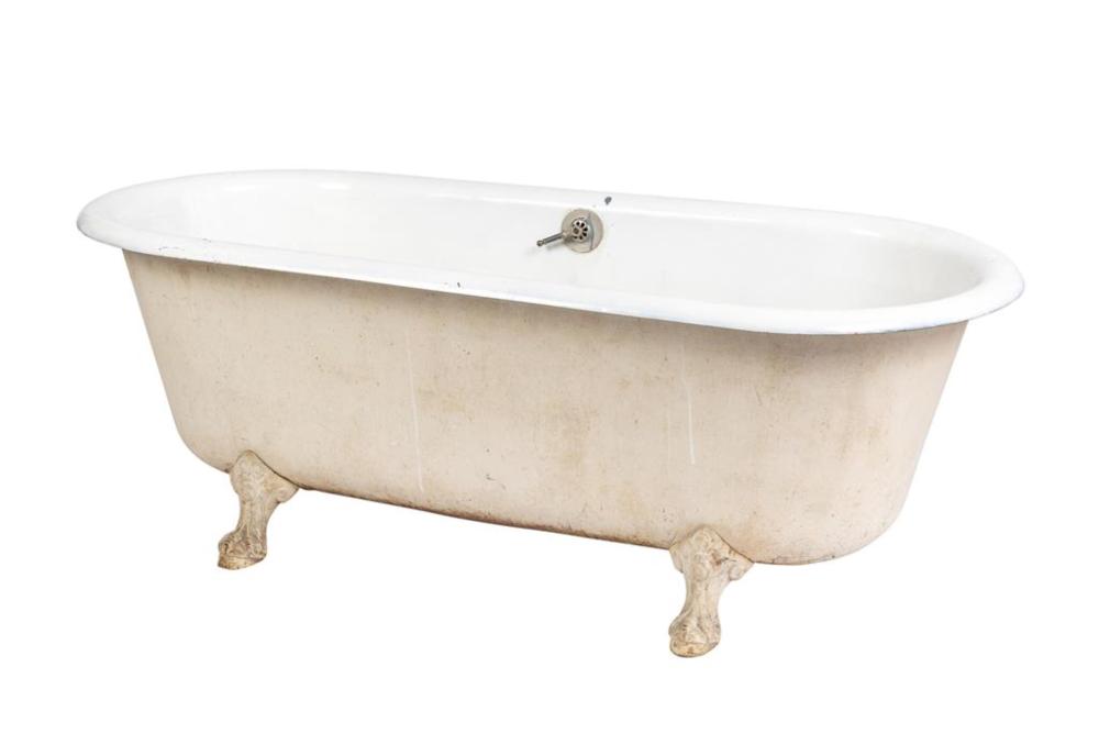 Antique French enamel bath tub with original hardware and traditional claw feet from an Estate near Lyon